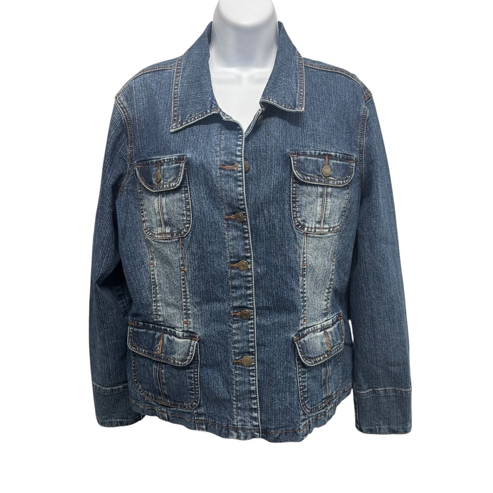 Baccini Womens XL Denim Jacket Medium Wash Blue Button Front Stretch Trucker